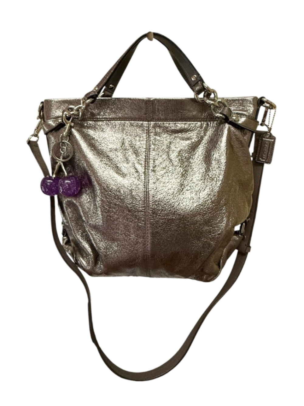 Coach Brooke Metallic Silver Shoulder Bag with Purple Cherry Charm and Coach Tag